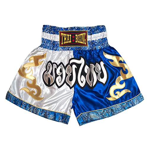 SIAMKICK Klassische Muay Thai Shorts für Männer Frauen Boxen Kickboxen High Grade MMA Kampf Kleidung Training Workout Trunk, Blau/Weiß, Groß von SIAMKICK