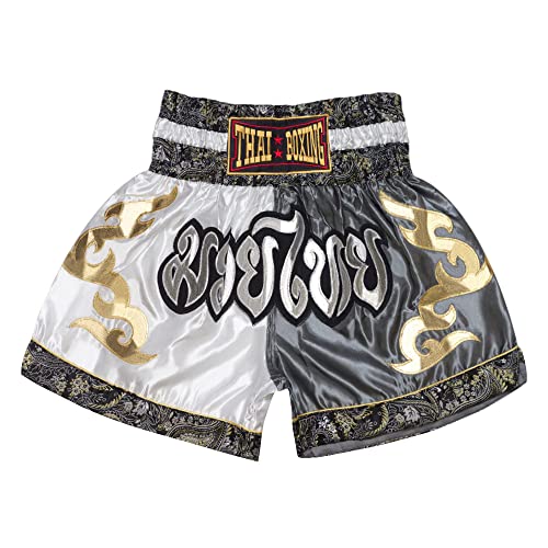 SIAMKICK Klassische Muay Thai Shorts für Männer Frauen Boxen Kickboxen High Grade MMA Kampf Kleidung Training Workout Trunk, Grau/Weiß, XL von SIAMKICK