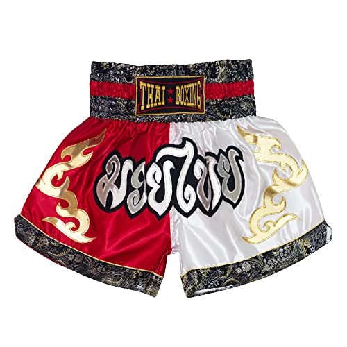 SIAMKICK Klassische Muay Thai Shorts für Männer Frauen Boxen Kickboxen High Grade MMA Kampf Kleidung Training Workout Trunks, Rot/Weiß, Mittel von SIAMKICK