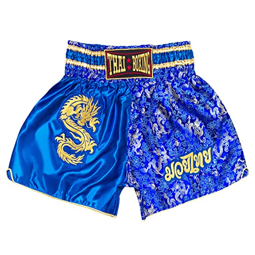 SIAMKICK Retro Muay Thai Shorts für Männer Frauen Boxen Kickboxen High Grade MMA Kampf Kleidung Training Workout Trunks, Blauer Drache, XX-Large von SIAMKICK