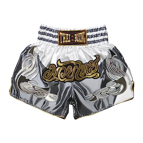 SIAMKICK Retro Muay Thai Shorts für Männer Frauen Boxen Kickboxen High Grade MMA Kampf Kleidung Training Workout Trunks, Grau/Weiß, Large von SIAMKICK