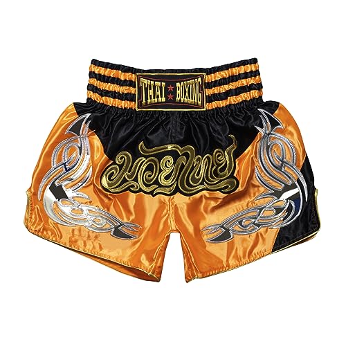 SIAMKICK Retro Muay Thai Shorts für Männer Frauen Boxen Kickboxen High Grade MMA Kampf Kleidung Training Workout Trunks, orange / schwarz, X-Large von SIAMKICK