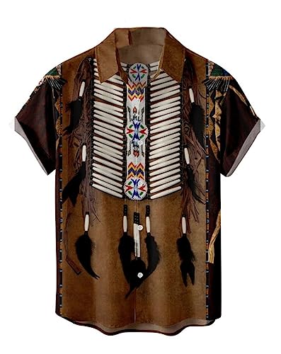 SIAOMA Herren Indianer Hemd Indianer Kurzarm Button Down T-Shirt Tops, Braun gestreift, L von SIAOMA