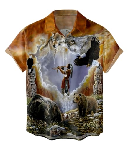 SIAOMA Herren Indianerhemd Kurzarm Button Down T-Shirt Tops, Man Wolf, XL von SIAOMA