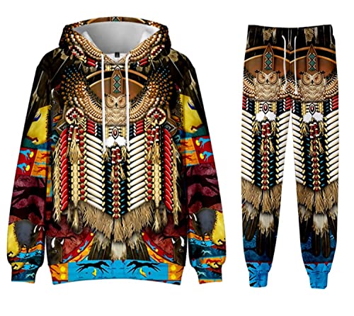SIAOMA Indianer Hoodie Sweatpants Anzug Indianer 3D Trainingsanzug Unisex Sweatshirt Hosen Set, eule, XX-Large von SIAOMA