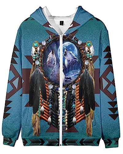 SIAOMA Indianer-Hoodie, Uni, 3D-Druck, Kapuzenmantel, Indianer-Jacke, Reißverschluss, Braun / Weiß, XX-Large von SIAOMA