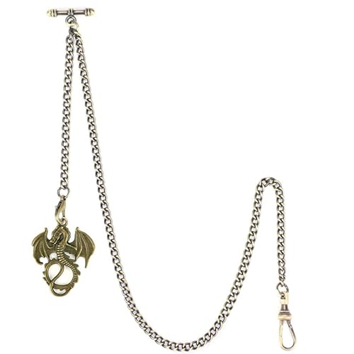 SIBOSUN Taschenuhr Albert Kette T Bar & Karabinerverschlüsse Uhrenkette Weste Kette für Herren Panzerkette 2 Haken mit antikem Lebensbaum Anhänger Design Charm Fob T-Bar Kette, 5.2 Drache Bronze von SIBOSUN