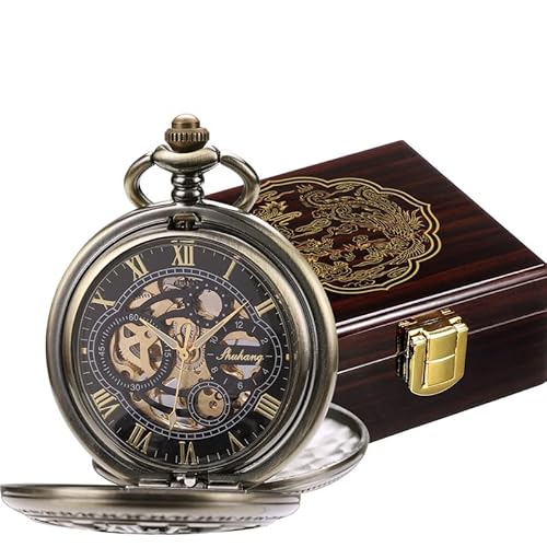 SIBOSUN Taschenuhr - Premium glänzenden hölzernen Geschenkbox Mechanische Taschenuhren Bronze Doppelabdeckung römische Ziffern mit glücklichem Drachen und Phoenix Display Holz Kiste von SIBOSUN