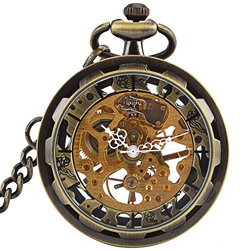 wenshida Steampunk Bronze Herren Taschenuhr Open Face transparent Skelett Mechanische Kette + Geschenk-Box von SIBOSUN