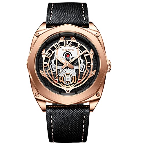 SIBOTTE Automatische Mechanische Herrenuhren Hohle Skelett Totenkopf Zifferblatt Selbstaufzug Herren Armbanduhren Saphir Super Leuchtend Sport Mode Uhr mit Lederband SJ8011(Roségold) von SIBOTTE