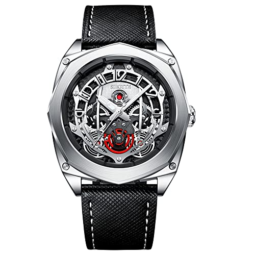 SIBOTTE Automatische Mechanische Herrenuhren Hohle Skelett Totenkopf Zifferblatt Selbstaufzug Herren Armbanduhren Saphir Super Leuchtend Sport Mode Uhr mit Lederband SJ8011(Silber) von SIBOTTE