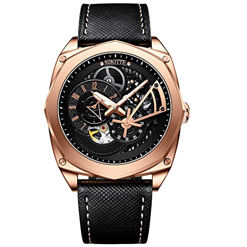 SIBOTTE Skelett Automatik Herrenuhren hohlen Zifferblatt selbst Wind Männer Armbanduhren Saphir super leuchtende Luxus Mode Business-Uhr mit Lederband SJ8022(Roségold) von SIBOTTE