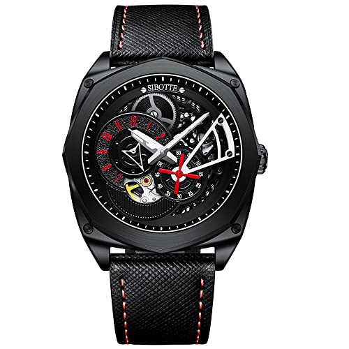 SIBOTTE Skelett Automatik Herrenuhren hohlen Zifferblatt selbst Wind Männer Armbanduhren Saphir super leuchtende Luxus Mode Business-Uhr mit Lederband SJ8022(Rot) von SIBOTTE