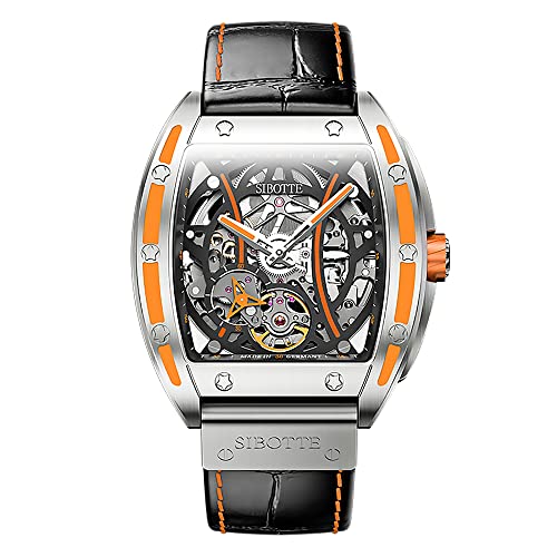 SIBOTTE Tonneau Automatik Herrenuhren Skelett Selbstaufzug Mechanische Herren Armbanduhren Saphir Leuchtend Sport Mode Uhr mit Lederband SJ8033(Schwarz-Orange) von SIBOTTE