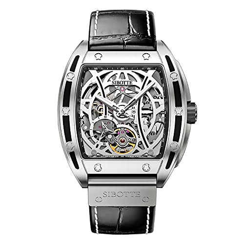 SIBOTTE Tonneau Automatik Herrenuhren Skelett Selbstaufzug Mechanische Herren Armbanduhren Saphir Leuchtend Sport Mode Uhr mit Lederband SJ8033(Schwarzes Silber) von SIBOTTE