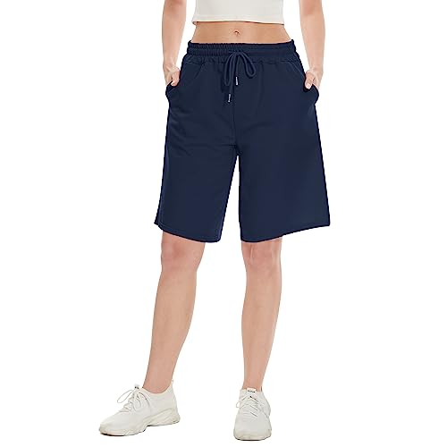 SICVEK Damen Casual Sommer Baumwolle Bermuda Shorts Bequem Lose Kordelzug Taille Gym Lounge Laufshorts mit Taschen, Marineblau, Groß von SICVEK