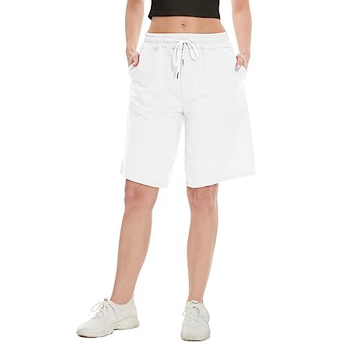 SICVEK Damen Casual Sommer Baumwolle Bermuda Shorts Bequem Lose Kordelzug Taille Gym Lounge Laufshorts mit Taschen, Weiss/opulenter Garten, Klein von SICVEK