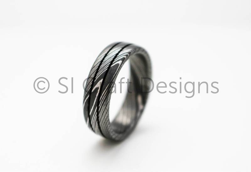 Edelstahl Damaskus Ring Mit Zwei Rillen, Stahl, Männer Ehering, Handgefertigt in Schottland, Uk von SICraftDesigns