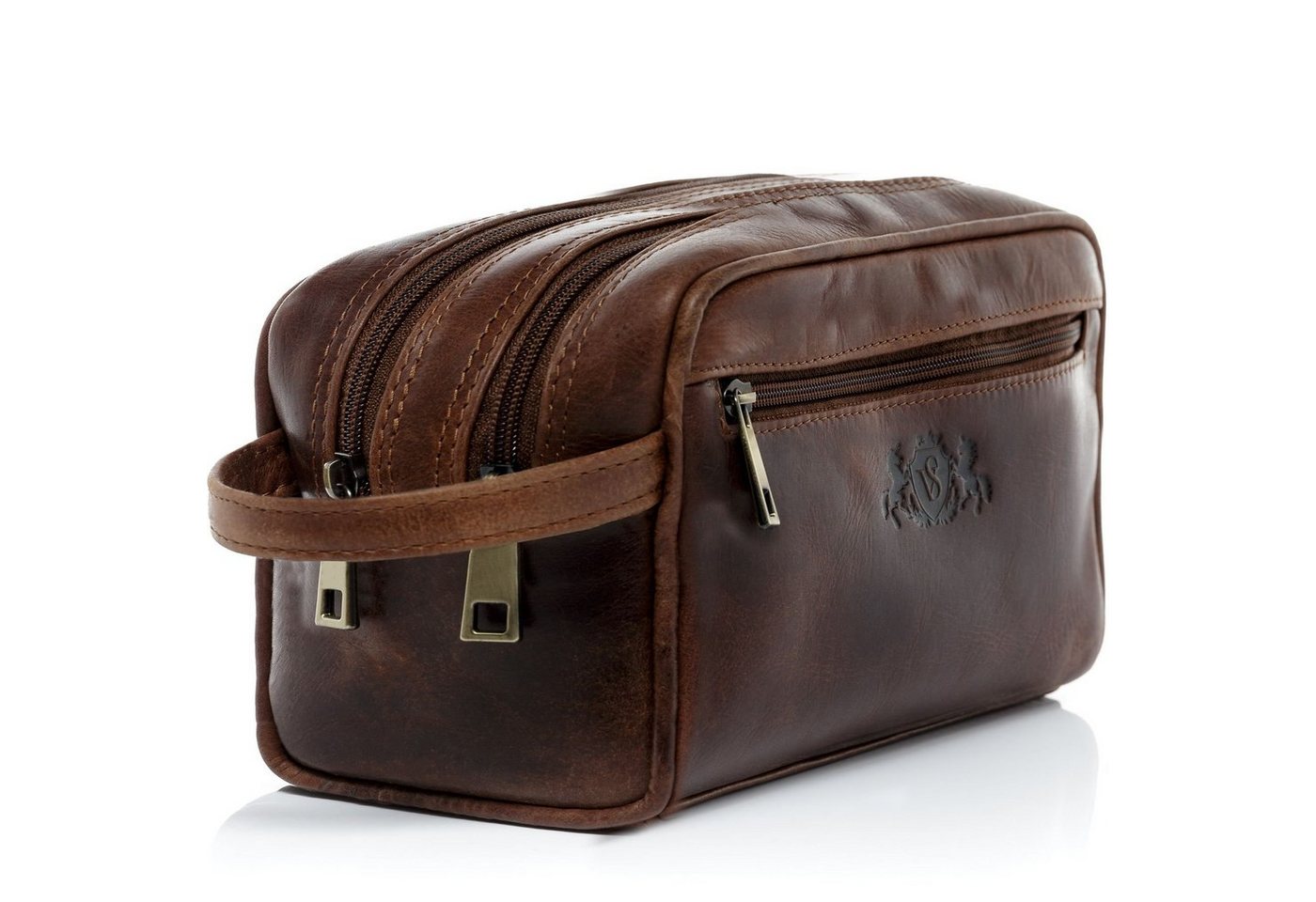 SID & VAIN Kulturbeutel Leder Kulturtasche Unisex GATWICK, Waschbeutel Echtleder für Damen & Herren, Kosmetiktasche braun-cognac von SID & VAIN