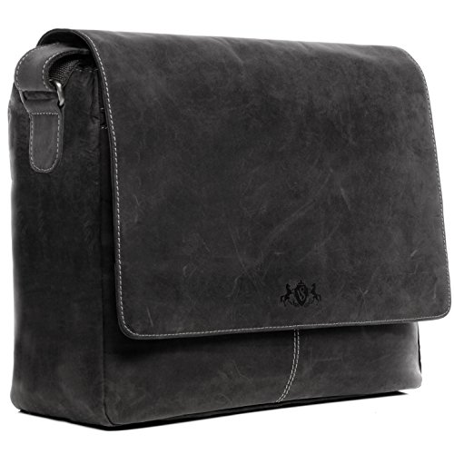 SID & VAIN Laptoptasche Messenger Bag Spencer aus Büffel-Leder I Business-Tasche XL groß für Herren und Damen 15 Zoll Laptop extra Laptop-Hülle I Umhängetasche grau handgefertigt von SID & VAIN