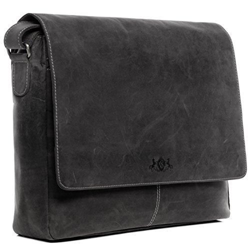 SID & VAIN Laptoptasche Messenger Bag Spencer aus Büffel-Leder I Business-Tasche groß für Herren und Damen 15 Zoll Laptop extra Laptop-Hülle I Umhängetasche grau handgefertigt von SID & VAIN