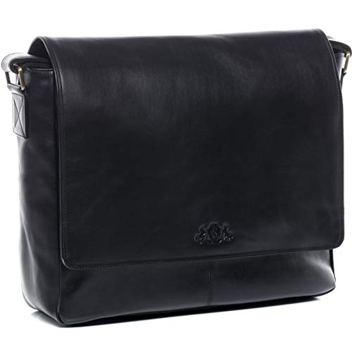 SID & VAIN Laptoptasche Messenger Bag Spencer aus Premium Leder I Business-Tasche XL groß für Herren und Damen 15 Zoll Laptop-Fach I Umhängetasche Glattleder schwarz handgefertigt von SID & VAIN