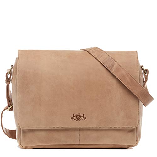 SID & VAIN Laptoptasche Messenger Bag Spencer aus Büffel-Leder I Business-Tasche groß für Herren und Damen 15 Zoll Laptop extra Laptop-Hülle I Umhängetasche beige handgefertigt von SID & VAIN