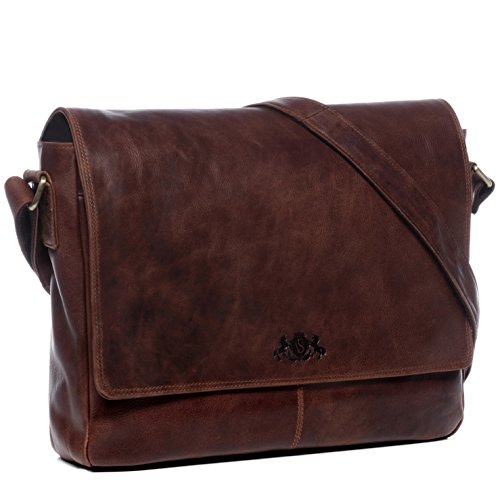 SID & VAIN Laptoptasche Messenger Bag Spencer aus Vintage Leder I Business-Tasche groß für Herren und Damen 15 Zoll Laptop extra Laptop-Hülle I Umhängetasche braun handgefertigt von SID & VAIN