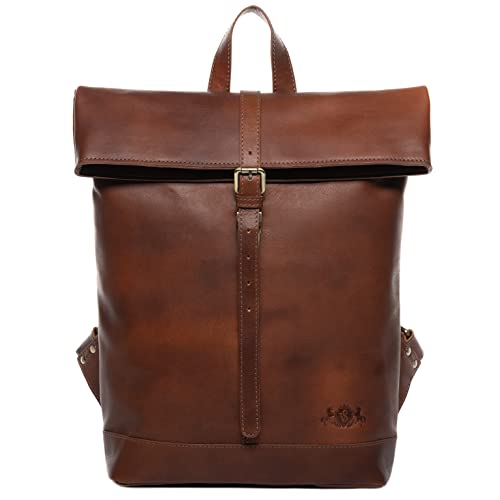 SID & VAIN Rolltop Rucksack Jay aus Vintage Leder I Lederrucksack für Herren und Damen 15.4 Zoll Laptop Laptop-Fach I Rucksack zum Rollen braun handgefertigt von SID & VAIN