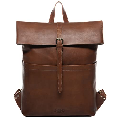 SID & VAIN Rolltop Rucksack Clay aus Vintage Leder I Lederrucksack XXL groß für Herren 15.4 Zoll Laptop Laptop-Fach I Rucksack zum Rollen braun handgefertigt von SID & VAIN