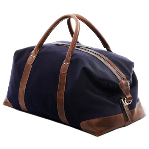 SID & VAIN Weekender Lennox - Vintage Reisetasche XL aus Canvas mit Leder I Sporttasche Herren, Damen erweiterbar groß Marine-Blau von SID & VAIN