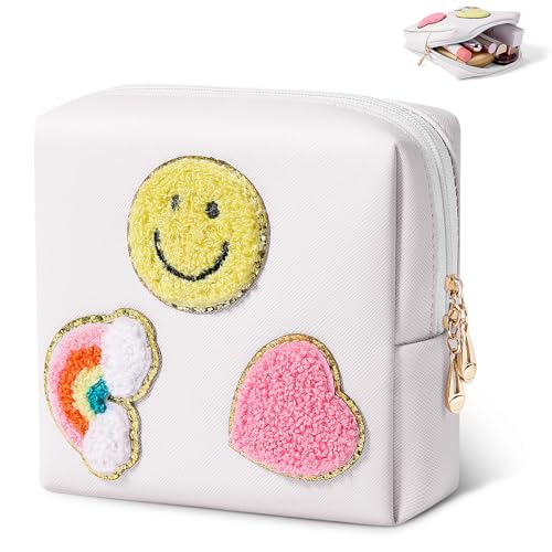 SIDESUGAR Niedliche kleine Make-up-Tasche, weiches PU-Leder, Kosmetiktasche für Damen, Reise-Make-up-Tasche für Geldbörse, Mini-Kosmetiktasche, Organizer mit Reißverschluss, Weiss/opulenter Garten von SIDESUGAR