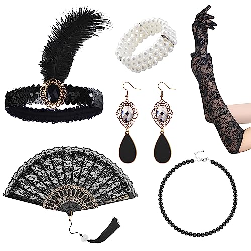 6 Stücke 20er Jahre Accessoires Damen,Great Gatsby Accessoires Damen,1920 Zubehör Set,mit Stirnband, Spitze Handschuhen, Halskette, Armband Ohrringen Faltfächer Cosplay für Karneval Party Supplies von SIEBOLD