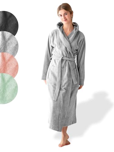 SIEGENTHAL® Damen Bademantel Frottee Velours 100% Baumwolle mit Kapuze Flauschig - Hellgrau L - XL von SIEGENTHAL