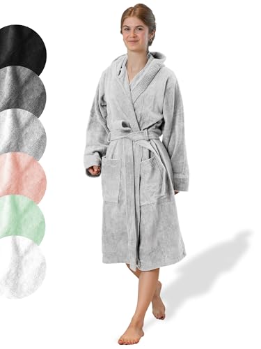 SIEGENTHAL® Damen Bademantel Frottee Velours 100% Baumwolle mit Kapuze Flauschig Kurz Knielang - Hellgrau L - XL von SIEGENTHAL