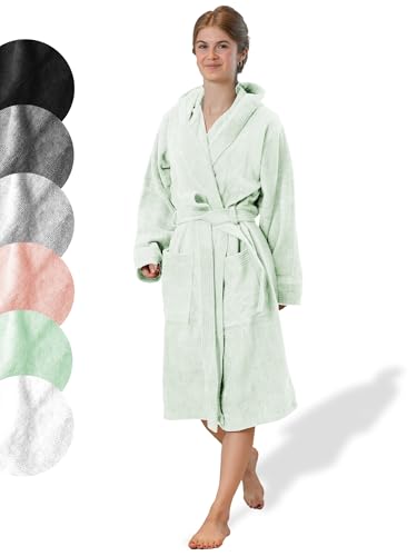 SIEGENTHAL® Damen Bademantel Frottee Velours 100% Baumwolle mit Kapuze Flauschig Kurz Knielang - Mint S - M von SIEGENTHAL