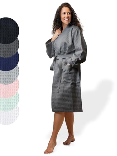 SIEGENTHAL® Damen Bademantel Waffelpique 100% Baumwolle mit Schalkragen Leicht Morgenmantel - Dunkelgrau L - XL von SIEGENTHAL