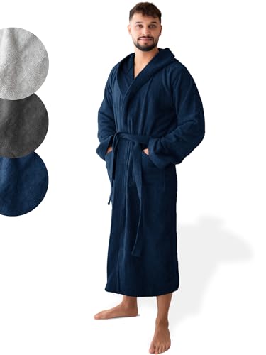 SIEGENTHAL® Herren Bademantel Frottee Velours 100% Baumwolle - Kapuzenbademantel, weich, saugfähig, warm, lang, Luxus, Premium, Wellness, Spa, hochwertige Verarbeitung, Dunkelblau XL XXL von SIEGENTHAL