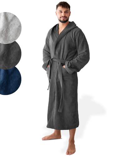 SIEGENTHAL® Herren Bademantel Frottee Velours 100% Baumwolle - Kapuzenbademantel, weich, saugfähig, warm, lang, Luxus, Premium, Wellness, Spa, hochwertige Verarbeitung, Dunkelgrau M L von SIEGENTHAL