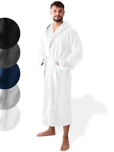 SIEGENTHAL® Herren Bademantel Frottee Velours 100% Baumwolle - Kapuzenbademantel, weich, saugfähig, warm, lang, Luxus, Premium, Wellness, Spa, hochwertige Verarbeitung, Weiß M L von SIEGENTHAL