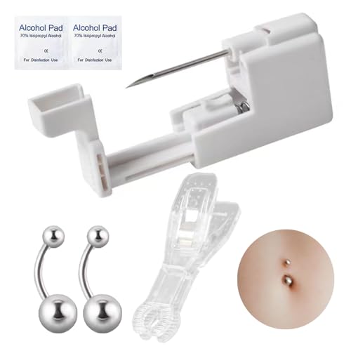 SIEISIEIX Bauchnabelpiercing Nadeln Pistole Set, Steriles Bauchnabelpiercing Set Werkzeug mit 2 Bauchnabelknopf, Sicherheit Tragbares Selbst Bauchnabelpiercing Kit für Frauen Männer von SIEISIEIX