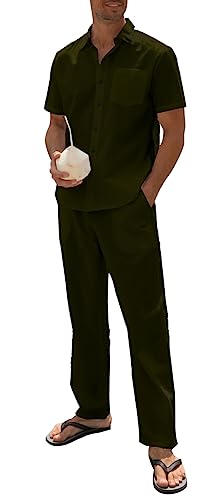 SIENDIU Herren Leinen sets 2 Stück Outfits Strand Hochzeit Kleidung Casual Button Down Shirts Yoga Hosen Sommer Passende Anzug, Grün (Army Green), Large von SIENDIU