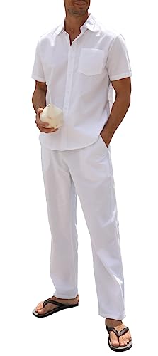SIENDIU Herren Leinen sets 2 Stück Outfits Strand Hochzeit Kleidung Casual Button Down Shirts Yoga Hosen Sommer Passende Anzug, Weiss/opulenter Garten, X-Large von SIENDIU