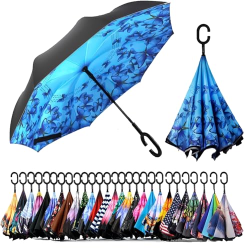 SIEPASA 124/142 cm umgekehrter umgekehrter Regenschirm, extra groß, doppelt, belüftet, winddicht, wasserdicht, Golfschirme mit C-förmigem Griff, Schmetterling, 124 cm von SIEPASA