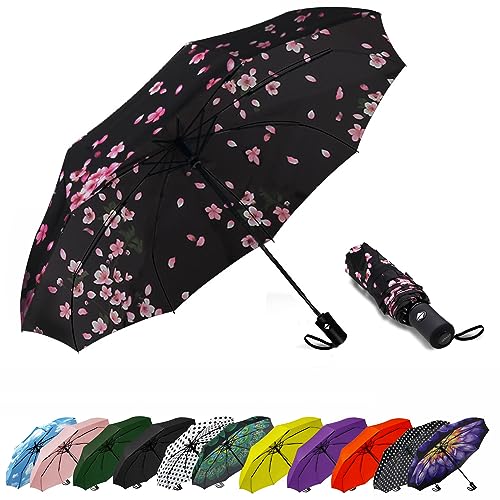 SIEPASA Sakura winddichter Reise-Regenschirm, kompakt, automatische Regenschirme für Regen, Fiberglasrahmen, Kunststoffgriff, halbrunde Form, tragbar, klein, leicht, ideal für Männer und Frauen von SIEPASA
