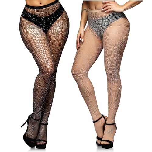 2Pcs Strass Netzstrümpfe Glitzer Strumpfhose Strass Glitzerstrumphose Glitzer Strumpfhose Damen Fishnet Stockings Strapazierfähig Atmungsaktiv für Den Alltag von Frauen (Schwarz & Fleischfarben) von SIEUUOAK