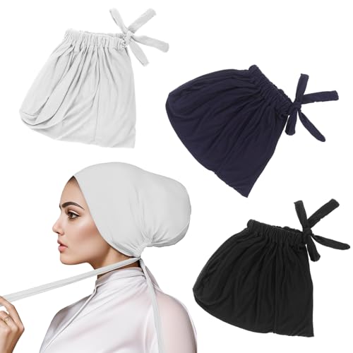 3er Pack Turban Damen Hijab Undercap Hijab Cap Solid Color Hijab Mütze Kopfbedeckung Islamische Muslimische mit Tie Back Hijab Atmungsaktive kopftücher Mütze Kopfbedeckung Chemo Kopftuch Schlafmütze von SIEUUOAK