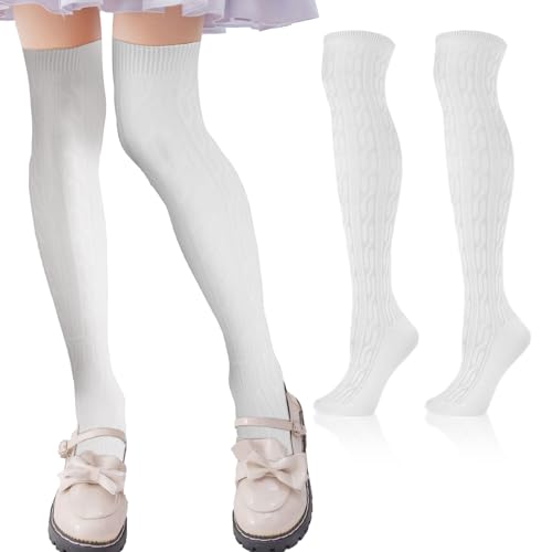 SIEUUOAK 2 Paar Damen Overknee Strümpfe Kniestrümpfe Damen Weiß Warme Winter Strick Socken,Overknees Socken Damen High Knee Socken von SIEUUOAK