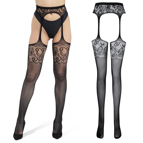 SIEUUOAK Halloween Strumpfhose Damen Hohle Strumpfband Jacquard Hose die Strumpfhosen Bildet Gestreifte Strumpfhose Offener Schritt Hosenträger Schwarz Strapsstrümpfe Ouvert Strumpfhosen für Damen von SIEUUOAK