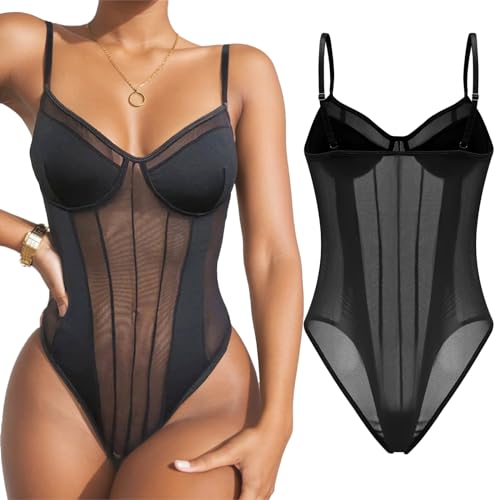 SIEUUOAK Mesh Body Damen Bodysuit Women Transparenter Spaghettiträger Ärmellos Bodys Slim Jumpsuit Elegant Netz Unterziehbody Blusebody Teddy One Piece Dessous Rückenfrei Oberteil Schmal Cami Top, L von SIEUUOAK